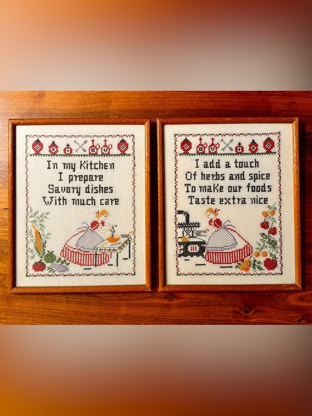 Vintage 50s set of 2 framed kitchen cross stitch & embroidery pieces